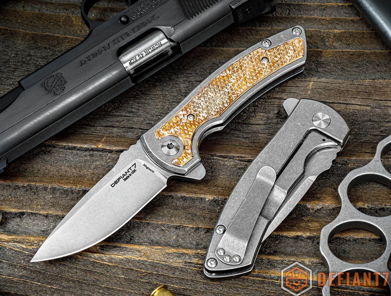Defiant 7 Hyrax Flipper w/ Titanium Mokume Inlaid Handles & Stonewash