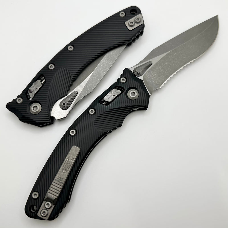 Microtech Amphibian RAM LOK Black Fluted Aluminum & Partial Serrated Apocalyptic M390MK 137RL-11APFL