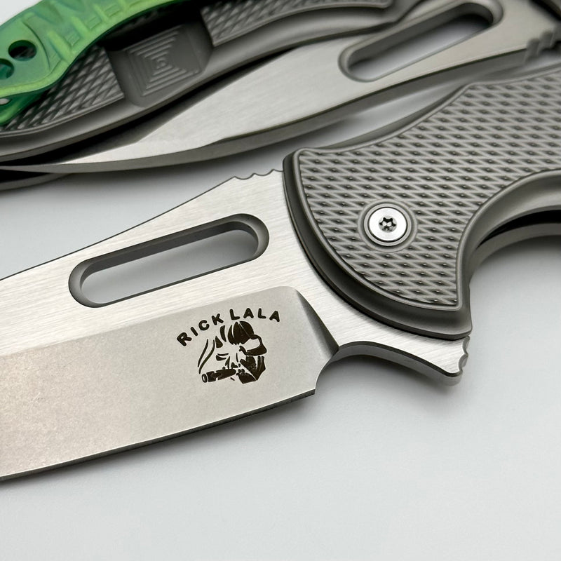 Mechforce Knives Sentry Rick Lala Collab Diamond Plate Titanium & M390 w/ Green Clip Exclusive