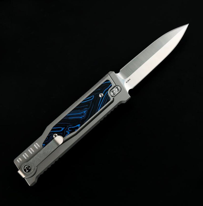 Reate EXO M Blue/Black Damascus Pattern G-10 & Satin/Stonewash Double Edge