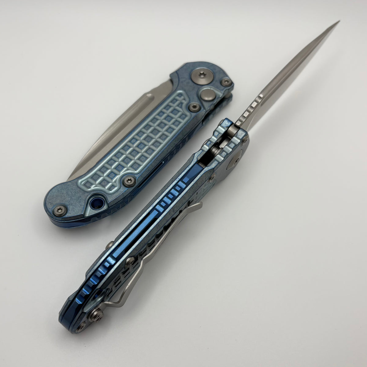 Microtech Marfione Select LUDT Gen III Ice Blue Frag Titanium Handles