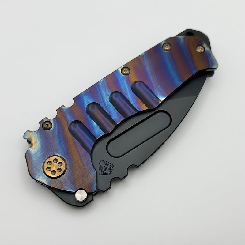 Medford Knife Praetorian T Drop Point DLC S45VN & Flame Stripes/DLC Handles w/ Bronze Hardware/Clip