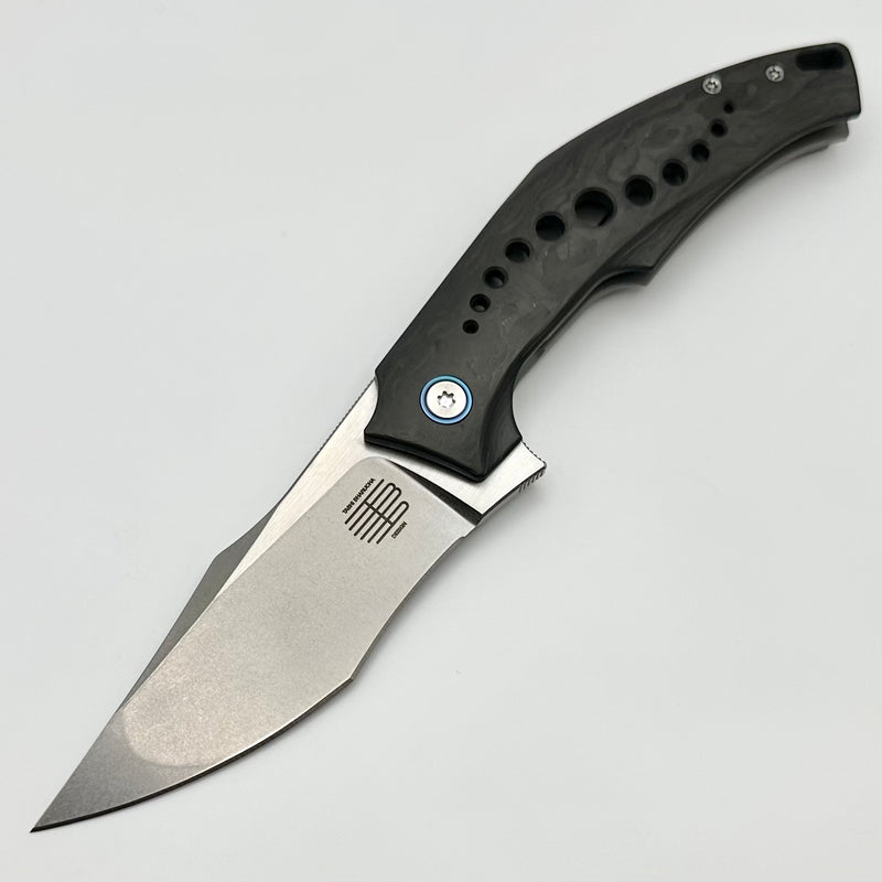 Mechforce Knives Tashi SOS Folder Stonewash M390 & Carbon Fiber/Titanium Handles w/ Blue Accents & Timascus Clip