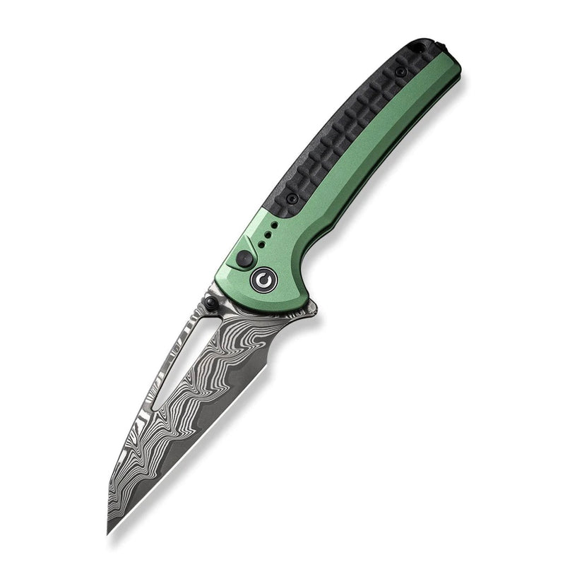 Civivi Knives Sentinel Strike Flipper Button Lock Green Aluminum w/ Black FRN & Damascus C22025B-DS1