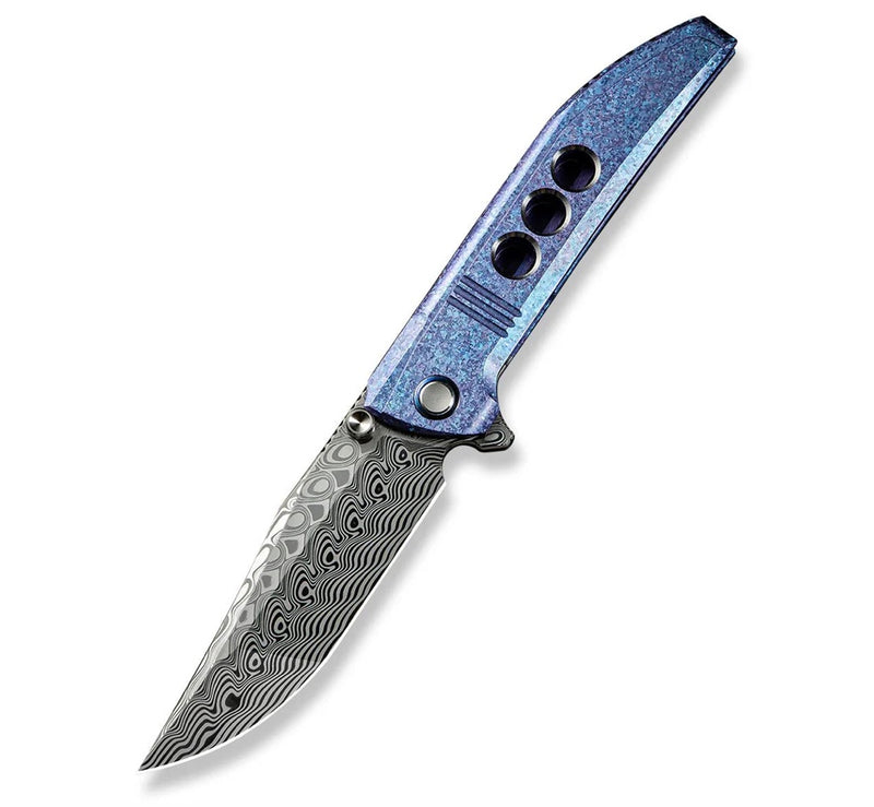 We Knife Ezinta Flipper Crystalized Blue/Purple Titanium Integral Handle w/ Satin Holes & Damasteel WE22041-DS1