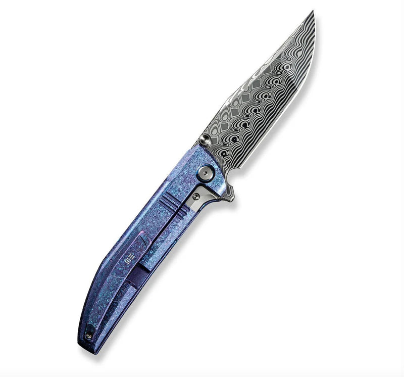 We Knife Ezinta Flipper Crystalized Blue/Purple Titanium Integral Handle w/ Satin Holes & Damasteel WE22041-DS1