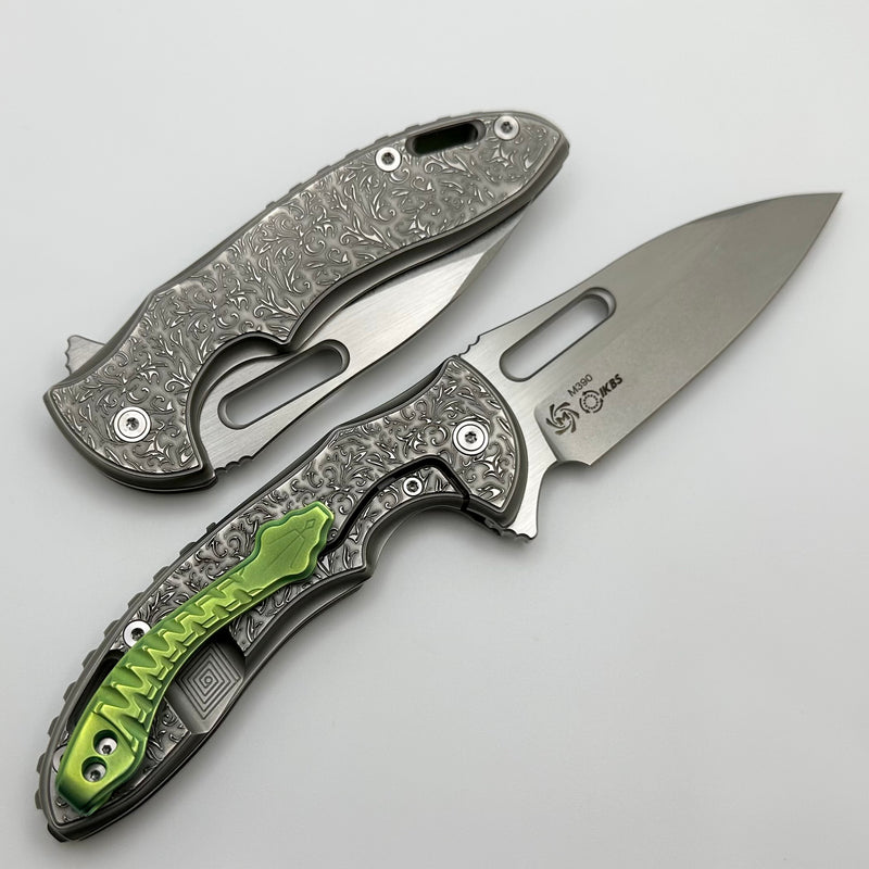 Mechforce Knives Sentry Rick Lala Collab Scroll Pattern Titanium & M390 w/ Green Clip Exclusive