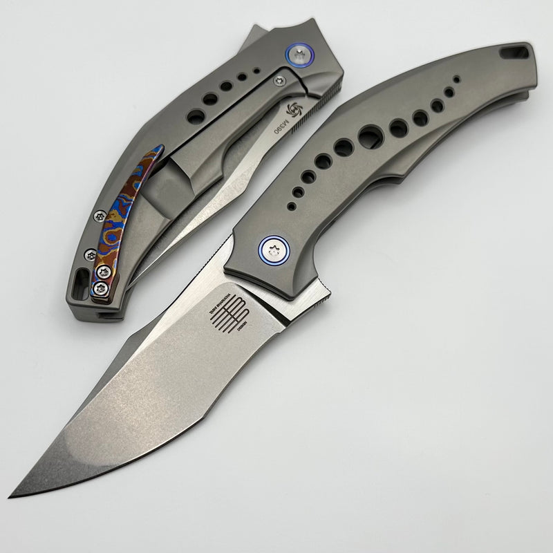 Mechforce Knives Tashi SOS Folder Stonewash M390 & Titanium Handles w/ Blue Accents & Timascus Clip