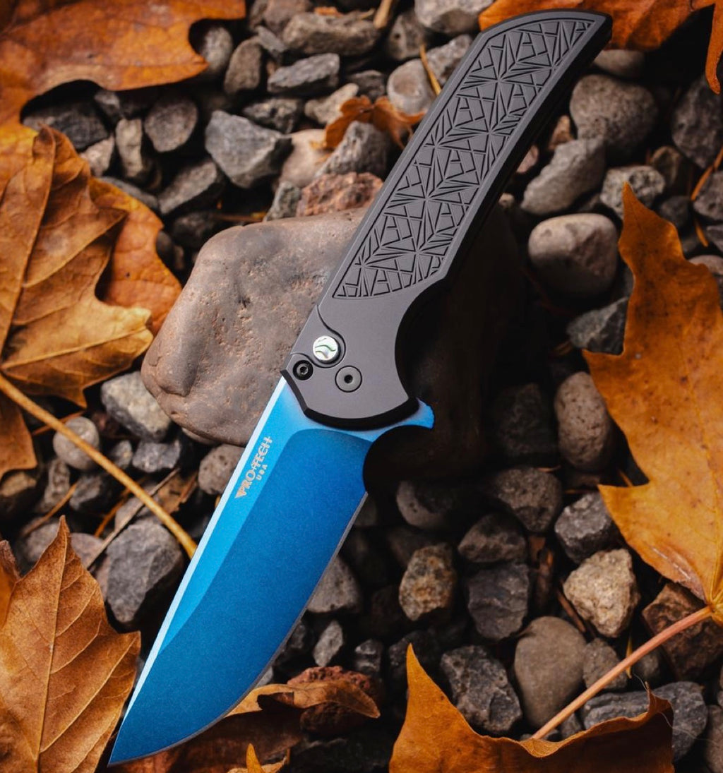 Pro-Tech Mordax Nexus Black Handles w/ Abalone Button & Sapphire Blue