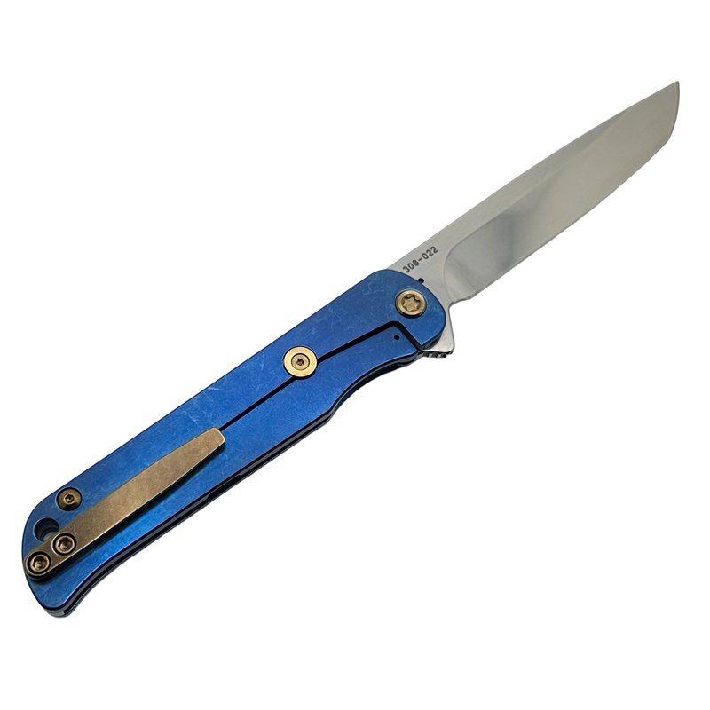 Medford T-Bone Blue Tumbled Titanium Framelock Flipper w/ Mosaic Inlaid Handles & Bronze Hardware w/ Tumbled S45VN Tanto Blade