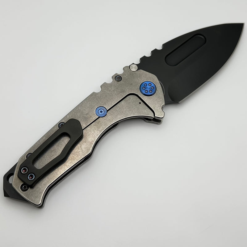 Medford Knife Praetorian T DLC S90 Drop Point & Billowing Flag Engraved Handle w/ Blue Hardware