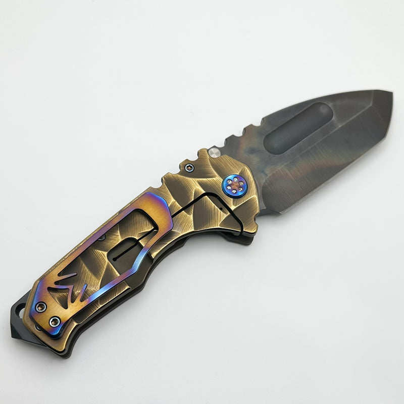 Medford Knife Praetorian TI S35 Vulcan Tanto & Bead Blast/Cement Brushed/Bronze Stained Glass Sculpting w/ Flamed Hardware/Clip