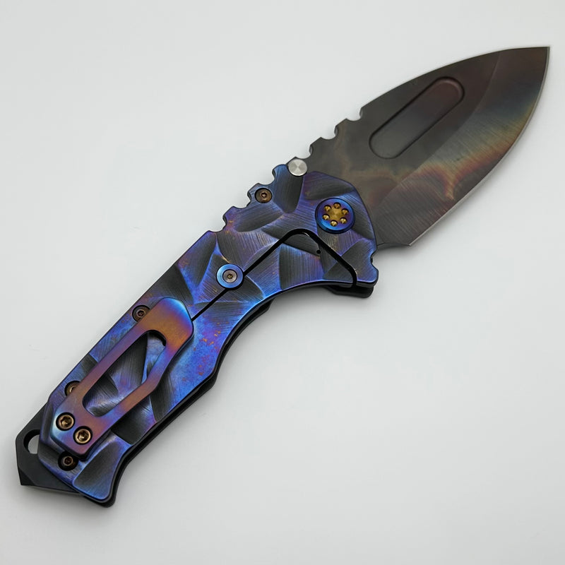 Medford Knife Praetorian T Vulcan S45 Drop Point & Black/Pen Ano Stained Glass Sculpted Handle w/ Flamed Hardware/Clip