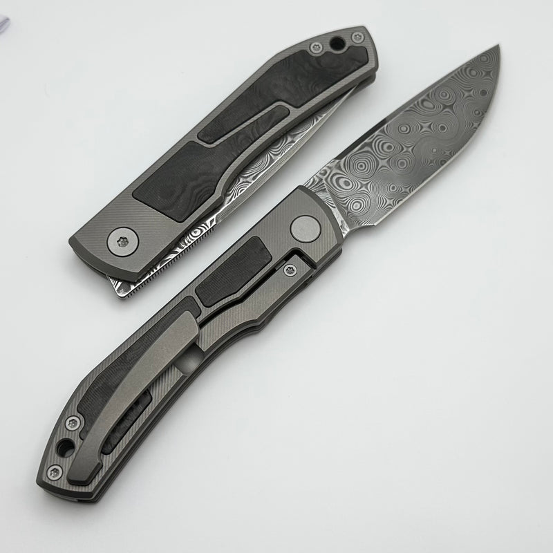 Uldanov Custom Knives Sierra w/ Milled Titanium/Carbon Fiber Inlays & Damascus Front Flipper