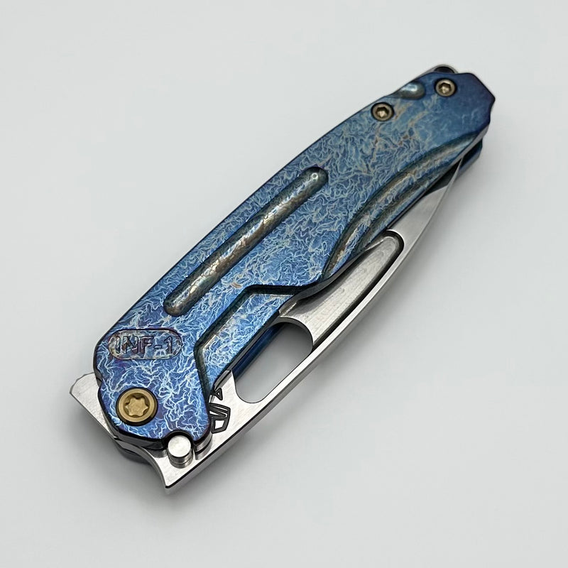 Medford Knife Infraction Tumbled S45 & Acid Etch Flamed/Blue Tumbled Handles w/ Bronze Hardware