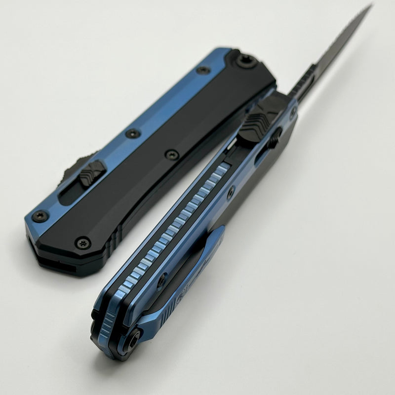 Microtech Glykon DLC Bayonet Part Serrated w/ Blue Anodized Accents Signature Series 184-2DLCBL