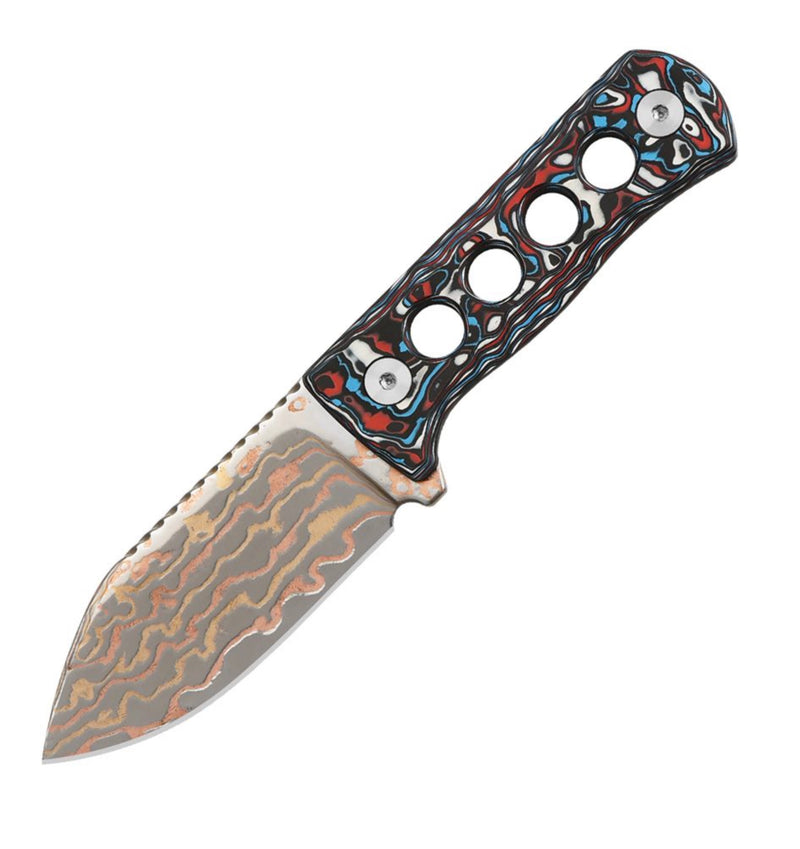 QSP Canary Neck Knife w/ Brass Copper Damascus & Red/White/Blue Carbon Fiber Handle QS141-H