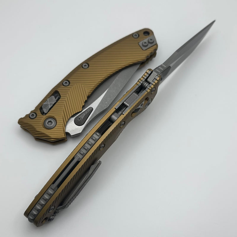 Microtech Amphibian RAM LOK Tan Fluted Aluminum & Apocalyptic M390MK 137RL-10APFLTA