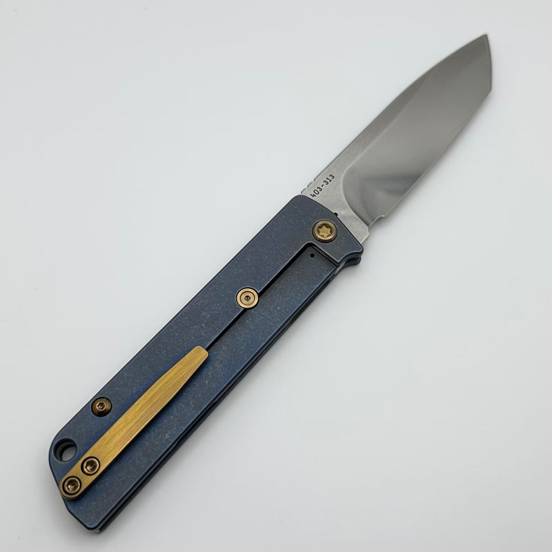 Medford Antik Front Flipper Polished Tumbled S35 Tanto & Old School Blue Tumbled Titanium Handles w/ Bronze Hardware