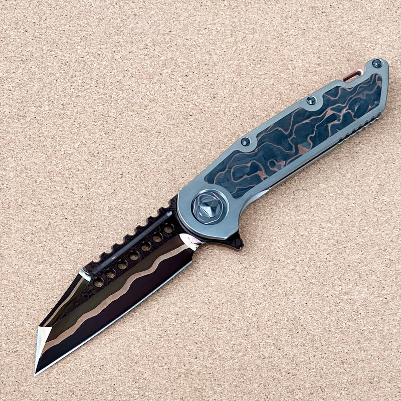 Marfione Custom Knives Warhound Sunset GoMai Baker Forge Damascus w/ Titanium & Protech Composites Copper CF Inlay