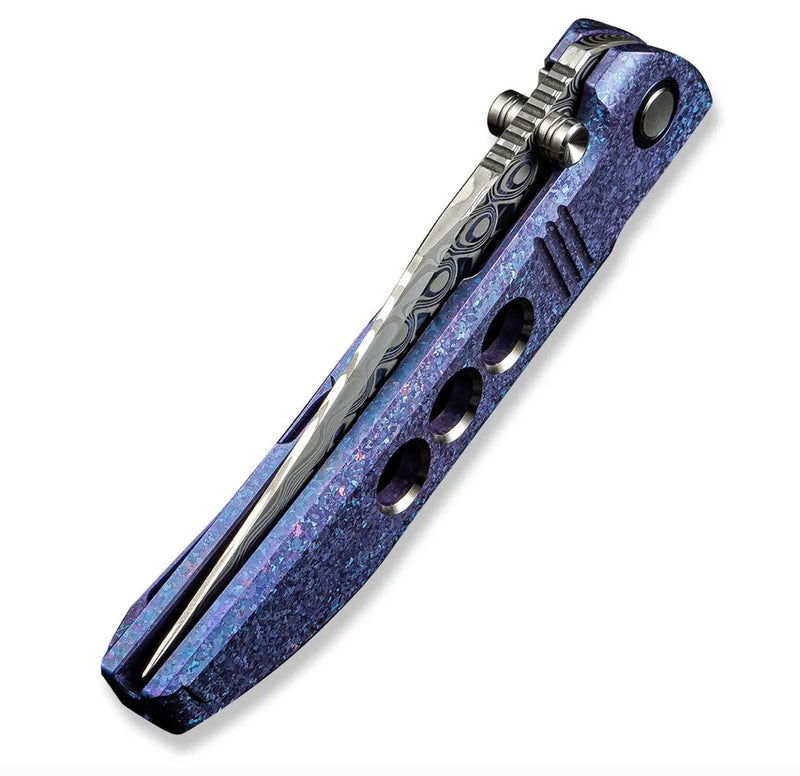 We Knife Ezinta Flipper Crystalized Blue/Purple Titanium Integral Handle w/ Satin Holes & Damasteel WE22041-DS1