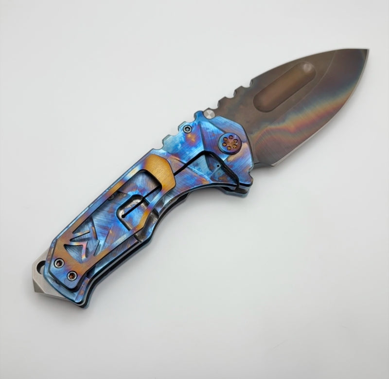 Medford Knife Praetorian TI Vulcan S45VN Drop Point & Brush Pen Flame Stained Glass Sculpted Handles w/ Flamed Hardware/Clip