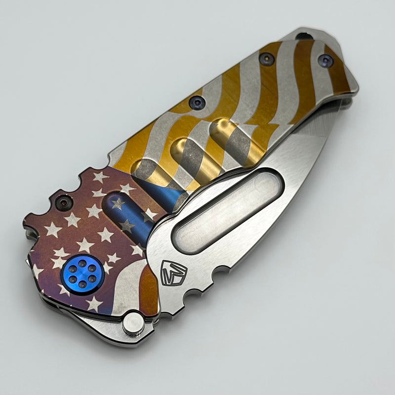 Medford Knife Praetorian T Tumbled S45 Tanto & Billowing Flag Engraved Handle w/ Blue Hardware/Clip