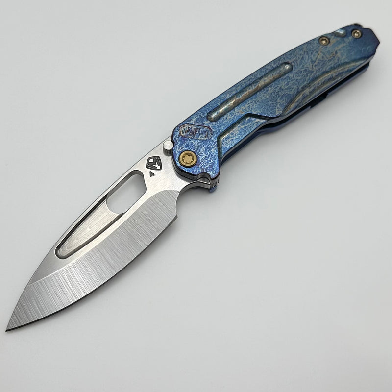 Medford Knife Infraction Tumbled S45 & Acid Etch Flamed/Blue Tumbled Handles w/ Bronze Hardware