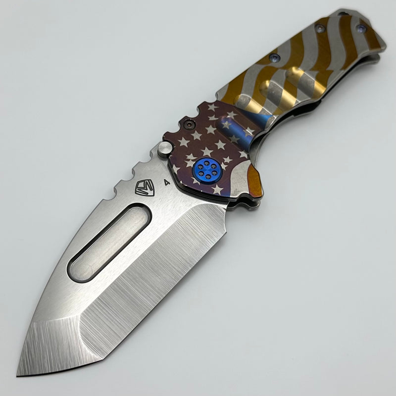 Medford Knife Praetorian T Tumbled S45 Tanto & Billowing Flag Engraved Handle w/ Blue Hardware/Clip