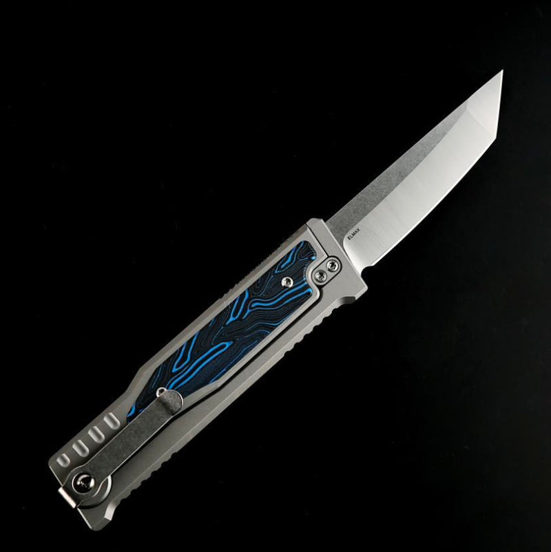 Reate EXO M Blue/Black Damascus Pattern G-10 & Satin/Stonewash Tanto