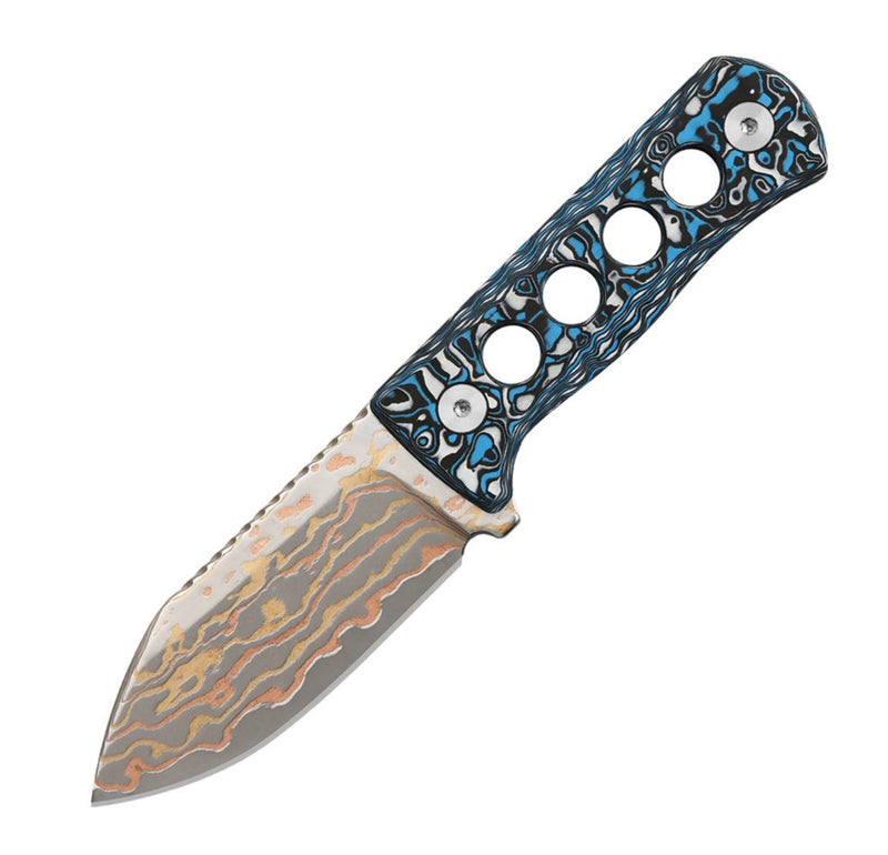 QSP Canary Neck Knife w/ Brass Copper Damascus & Black/White/Blue Carbon Fiber Handle QS141-G