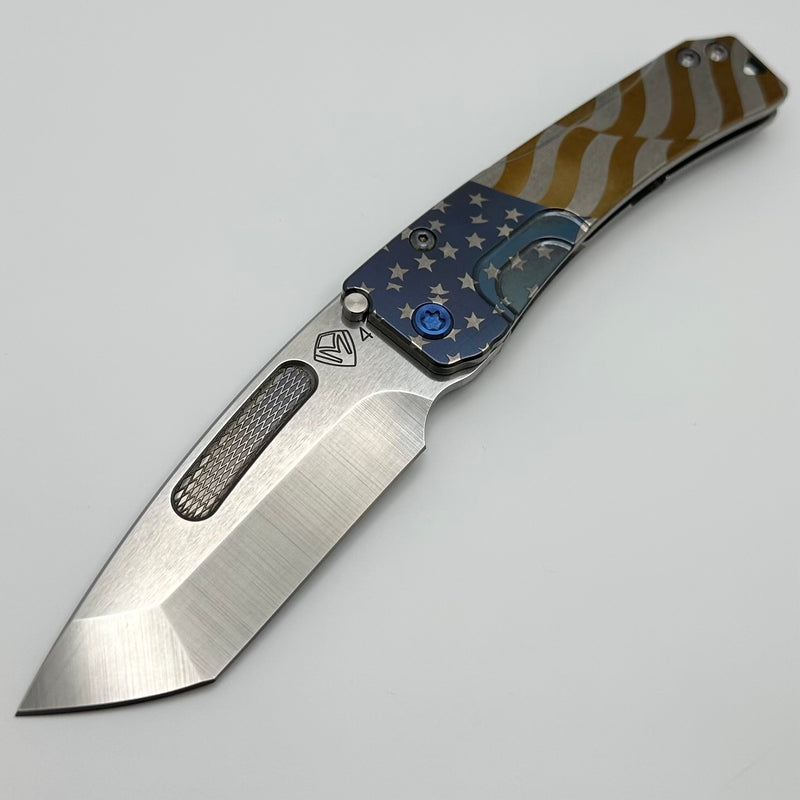 Medford Knife Slim Midi Tumbled Billowing Flag Handles w/ Blue Hardware/Clip & Tumbled S45 Tanto