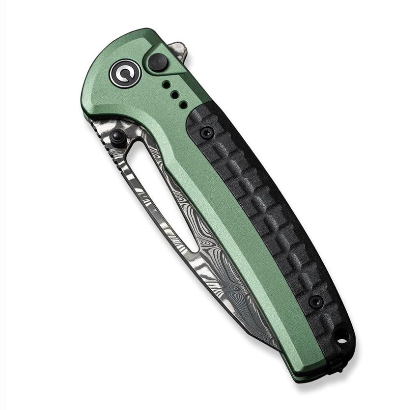 Civivi Knives Sentinel Strike Flipper Button Lock Green Aluminum w/ Black FRN & Damascus C22025B-DS1