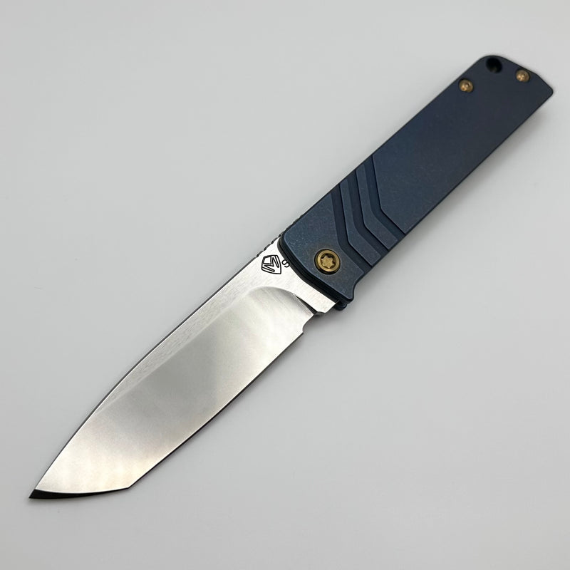 Medford Antik Front Flipper Polished Tumbled S35 Tanto & Old School Blue Tumbled Titanium Handles w/ Bronze Hardware