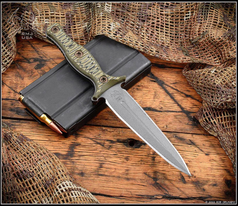 RMJ Tactical Raider Dagger 3V Fixed Blade w/ Dirty Olive G-10 & Kydex Sheath