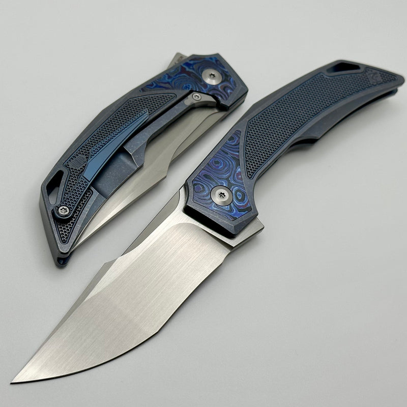 Custom Knife Factory Justice Blue Tumble w/ ZircuTi & Hand Satin M398 ONE PER HOUSEHOLD