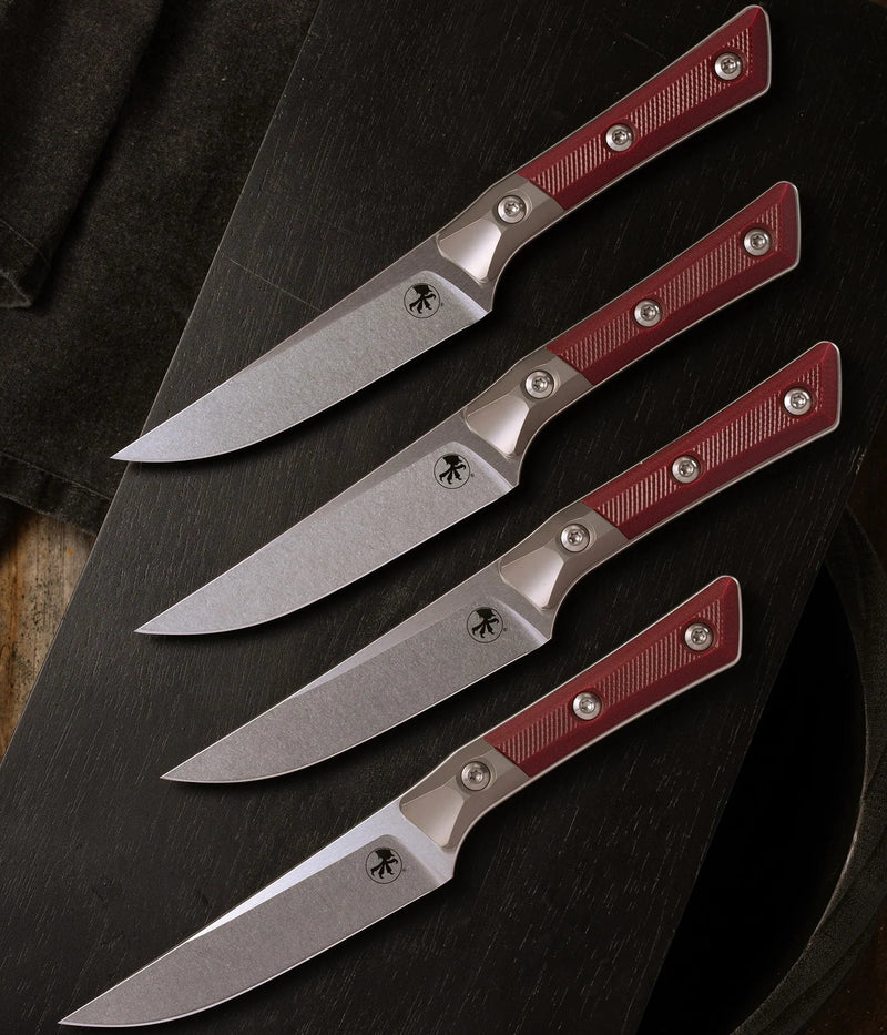 Microtech Steak 4 Piece Set Merlot G-10/Titanium Bolster Handle w/ Stonewash M390MK 3600B-10SETMR