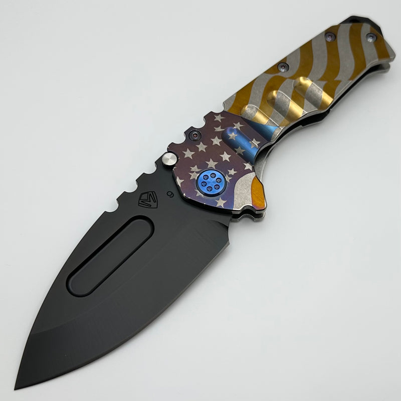 Medford Knife Praetorian T DLC S90 Drop Point & Billowing Flag Engraved Handle w/ Blue Hardware