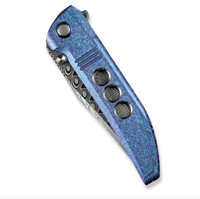 We Knife Ezinta Flipper Crystalized Blue/Purple Titanium Integral Handle w/ Satin Holes & Damasteel WE22041-DS1