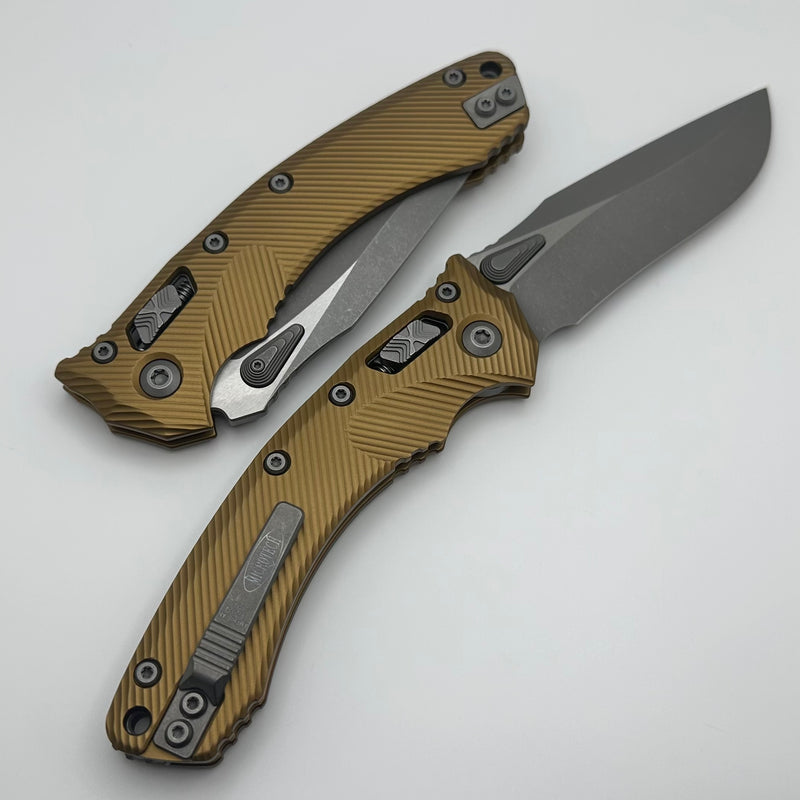 Microtech Amphibian RAM LOK Tan Fluted Aluminum & Apocalyptic M390MK 137RL-10APFLTA