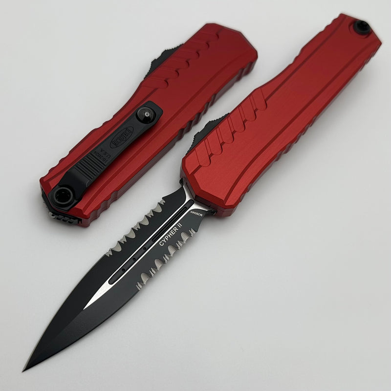 Microtech Cypher II Black D/E Full Serrated w/ Red Handle 1242-3RD