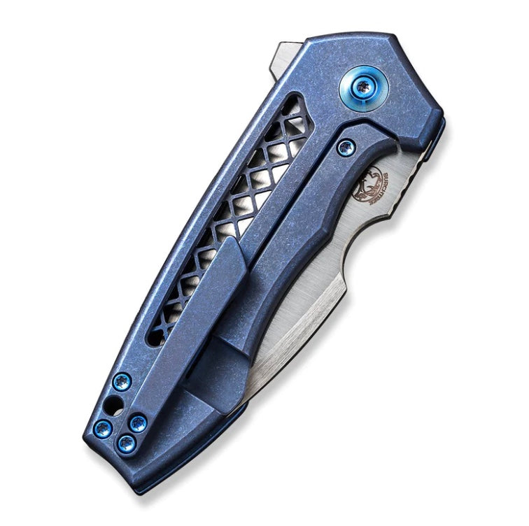 We Knife Harpen Flipper Blue Milled Titanium Handles & Hand Rubbed Satin CPM-20CV Blade WE23019-2