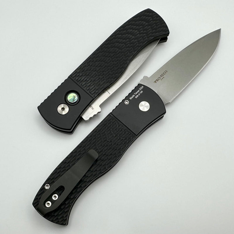 Pro-Tech Emerson CQC Auto Textured Black Handle w/ Abalone Button & Stonewash 20CV CQC-A Blade Show Texas 2024