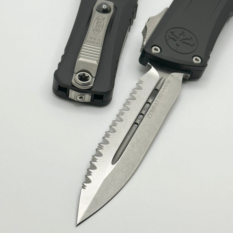 Microtech Knives Combat Troodon Gen III Stonewash Full Serrated Double Edge w/ Black Handle 1142-12