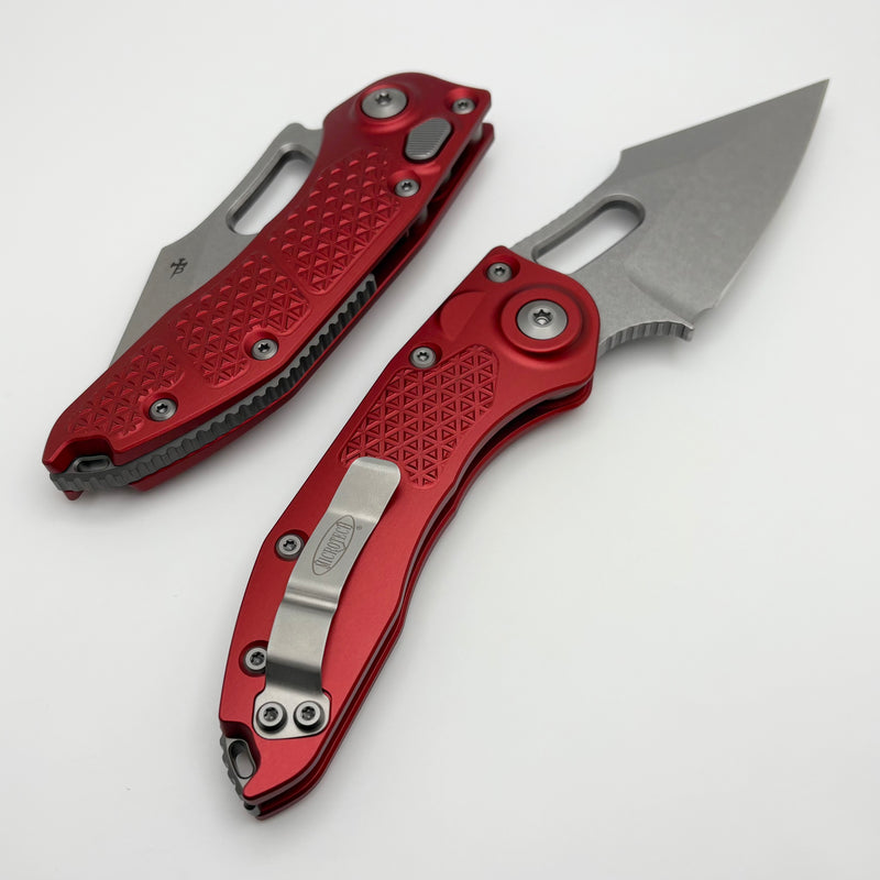 Microtech Borka Stitch Single Edge Stonewash Standard w/ Red Handles 169-10RD