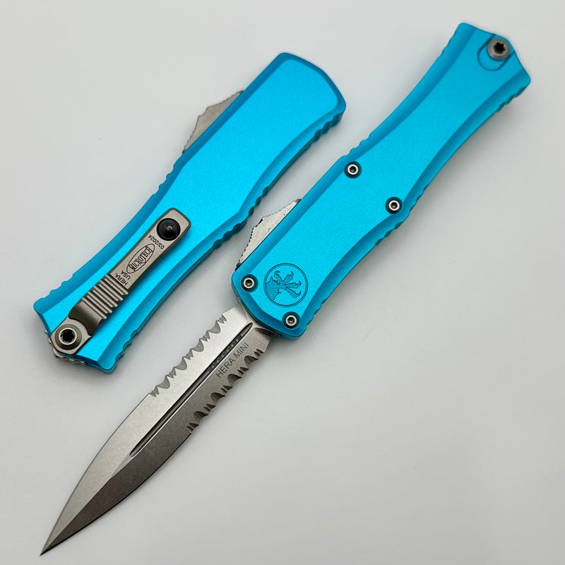 Microtech Knives Mini Hera Stonewash Partial Serrated Double Edge M390MK w/ Turquoise Handle 1702M-11TQ