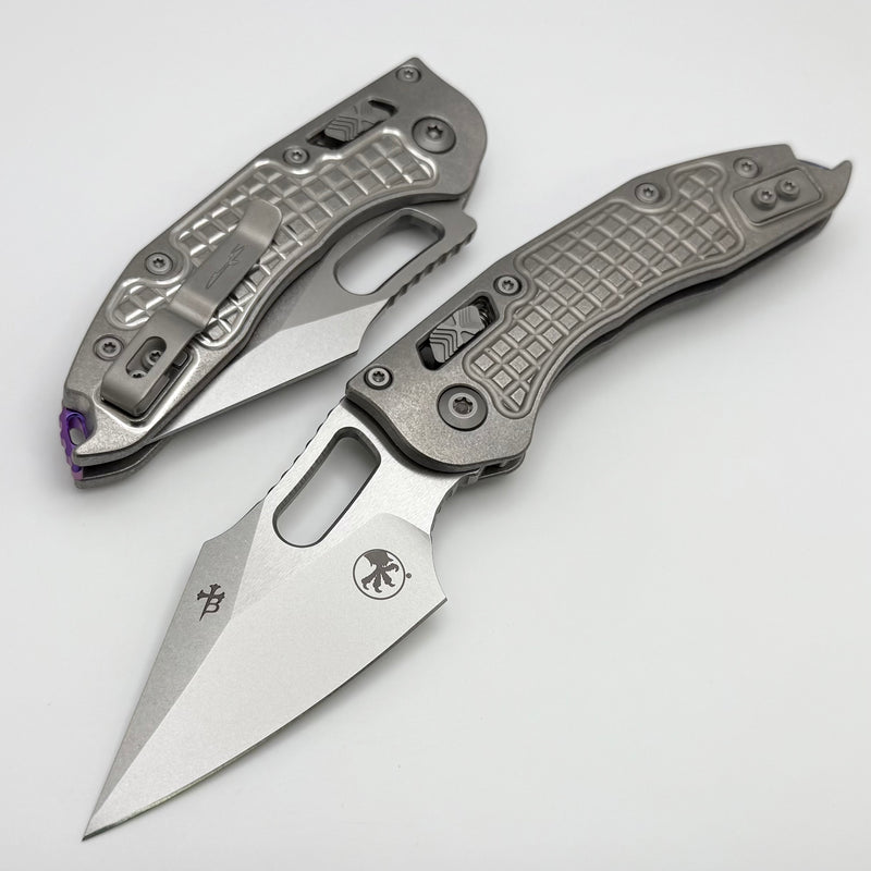 Microtech Marfione Select Manual Stitch RAM LOK Frag Titanium Handles & Stonewash M390MK w/ Double Vapor Blast & Purple Accents 169RL-10FRMS3