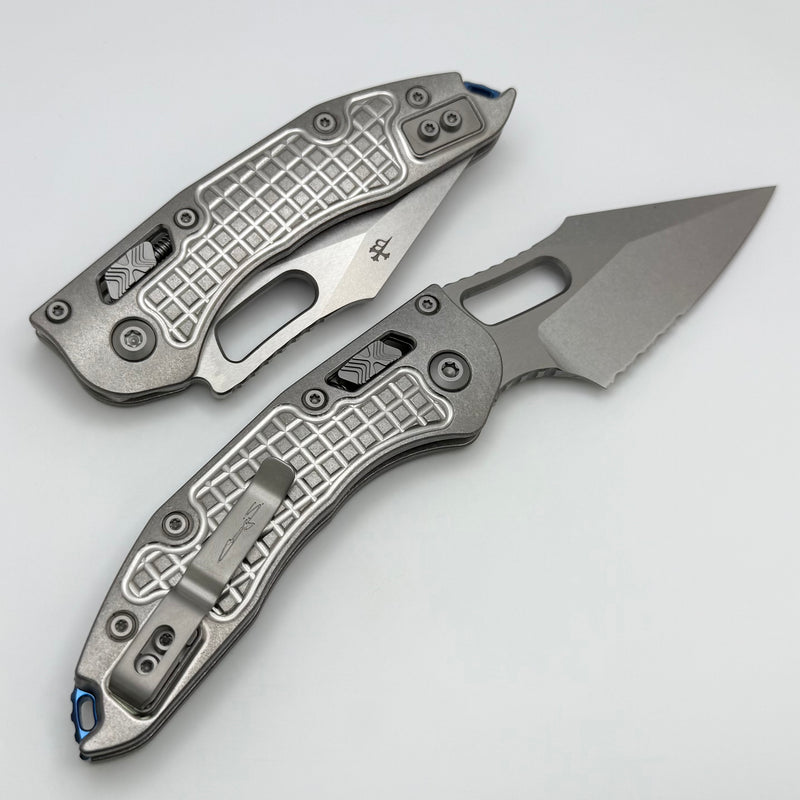 Microtech Marfione Select Manual Stitch RAM LOK Titanium Frag Handles & Part Serrated Stonewash M390MK w/ Double Vapor Blast & Blue Accents 169RL-11FRMS2