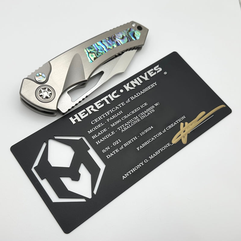 Heretic Knives Custom Pariah M/A Button Lock Ti Handles w/ Abalone Inlays & Cracked Ice M390