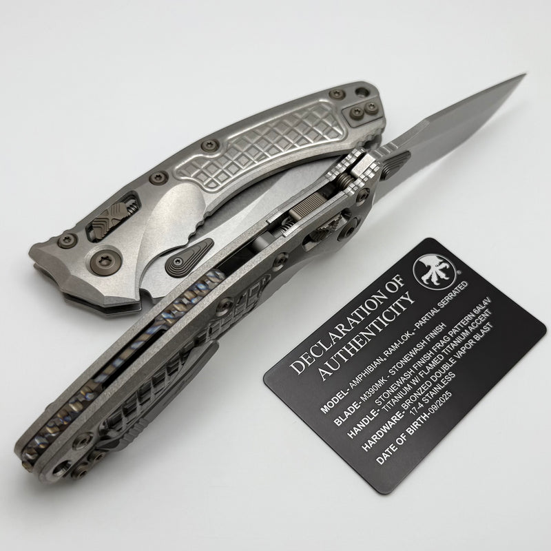 Microtech Marfione Select Amphibian RAM LOK Titanium Frag Handles & Partial Serrated Stonewash M390MK w/ Double Vapor Blast & Flamed Accents 137RL-11FRMS4